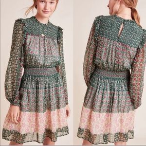 Anthropologie Green & Pink Floral Rhinnanon Multi Print Dress W Smocking Details